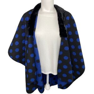 LOFT Cardigan Wrap Women's MEDIUM Blue Black Polka Dots Faux-Fur Collar Draped‎
